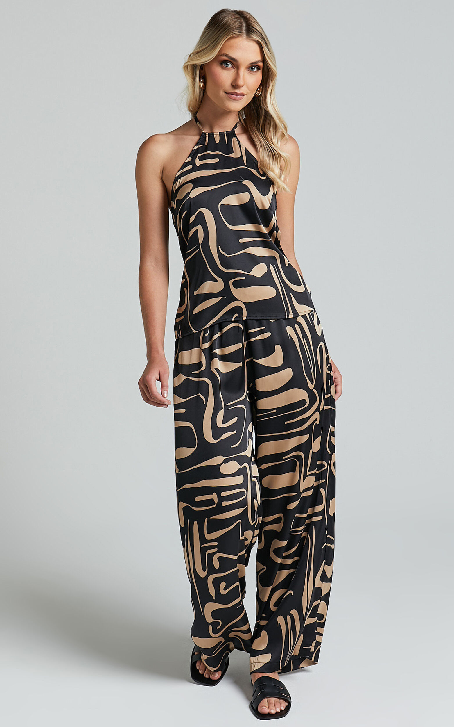 Gisellyn Two Piece Set - Halter Neck Top & Drawstring Pants in Black & Beige Print - 06, BLK1