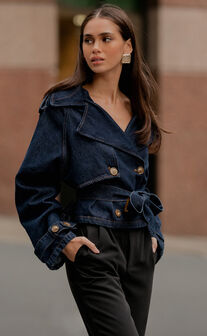 Gabrielle Trench Coat - Tie Waist Cropped Denim Coat in Indigo