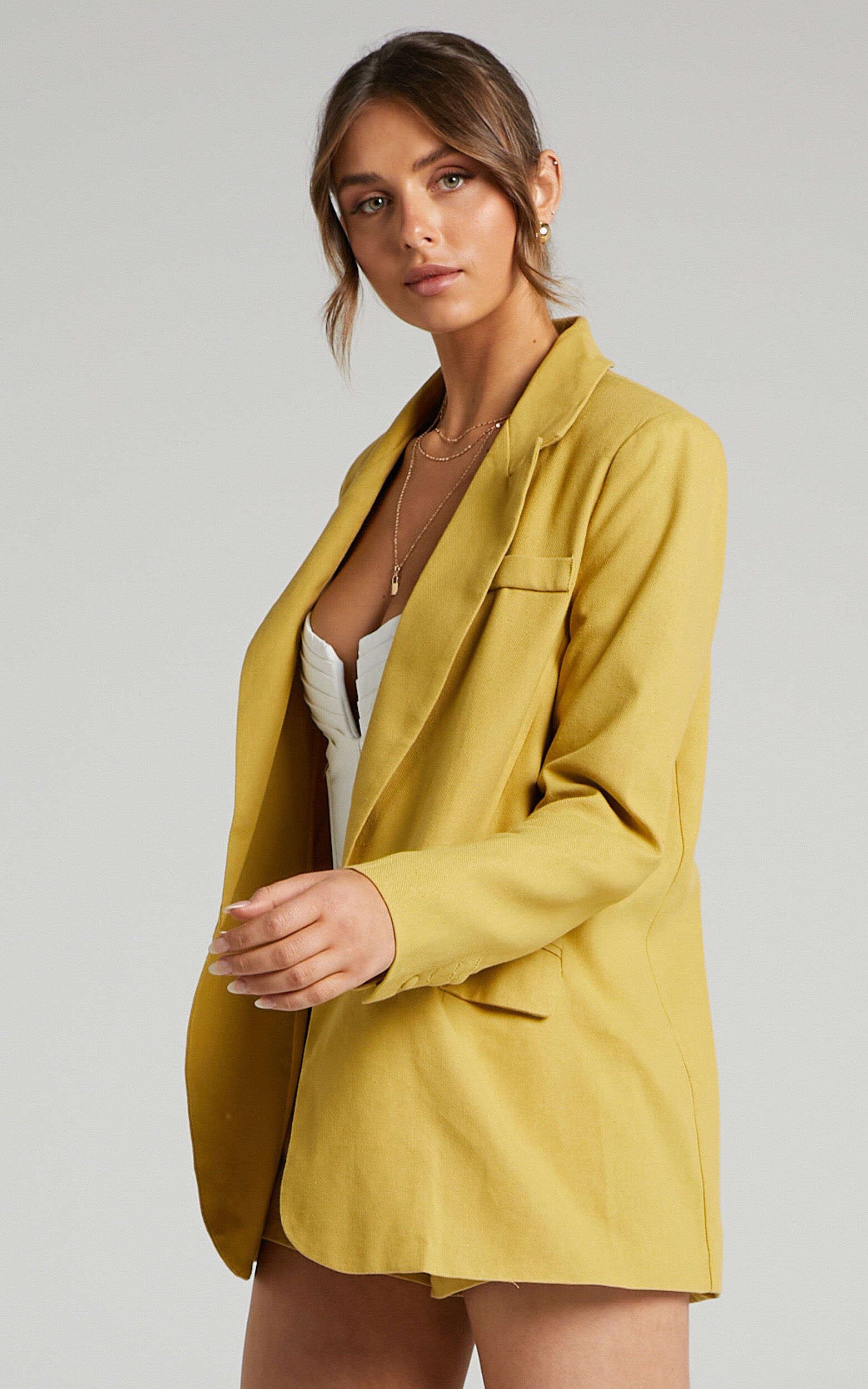 Revy Blazer Linen Look Oversized Blazer in Yellow Linen Look Showpo
