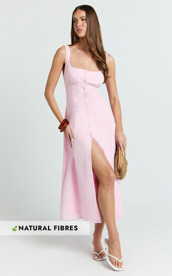 Cameron Midi Dress - Button Front Tie Back Dress in Pink