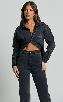 Faharra Shirt - Recycled Cotton Denim Shirt in Washed Black