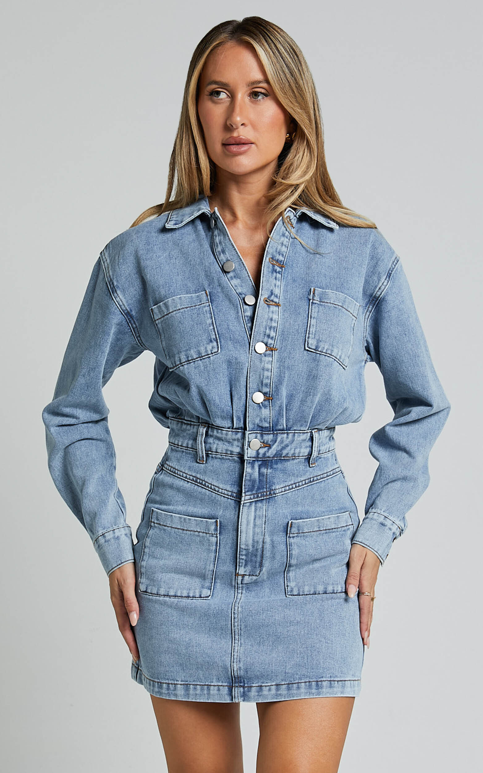 Kamala Mini Dress Long Sleeve Button Through Denim Dress in Light Blue Wash