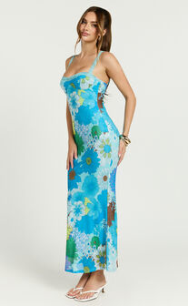 Shelia Midi Dress - Floral Printed Sweetheart Midi Dress in Blue Floral