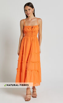 Schiffer Midi Dress - Strappy Ruched Tie Front Tiered Dress in Mandarin