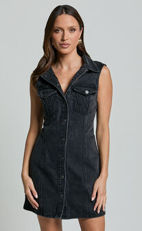 Gigie Mini Dress - Button Front Collared Denim in Washed Black