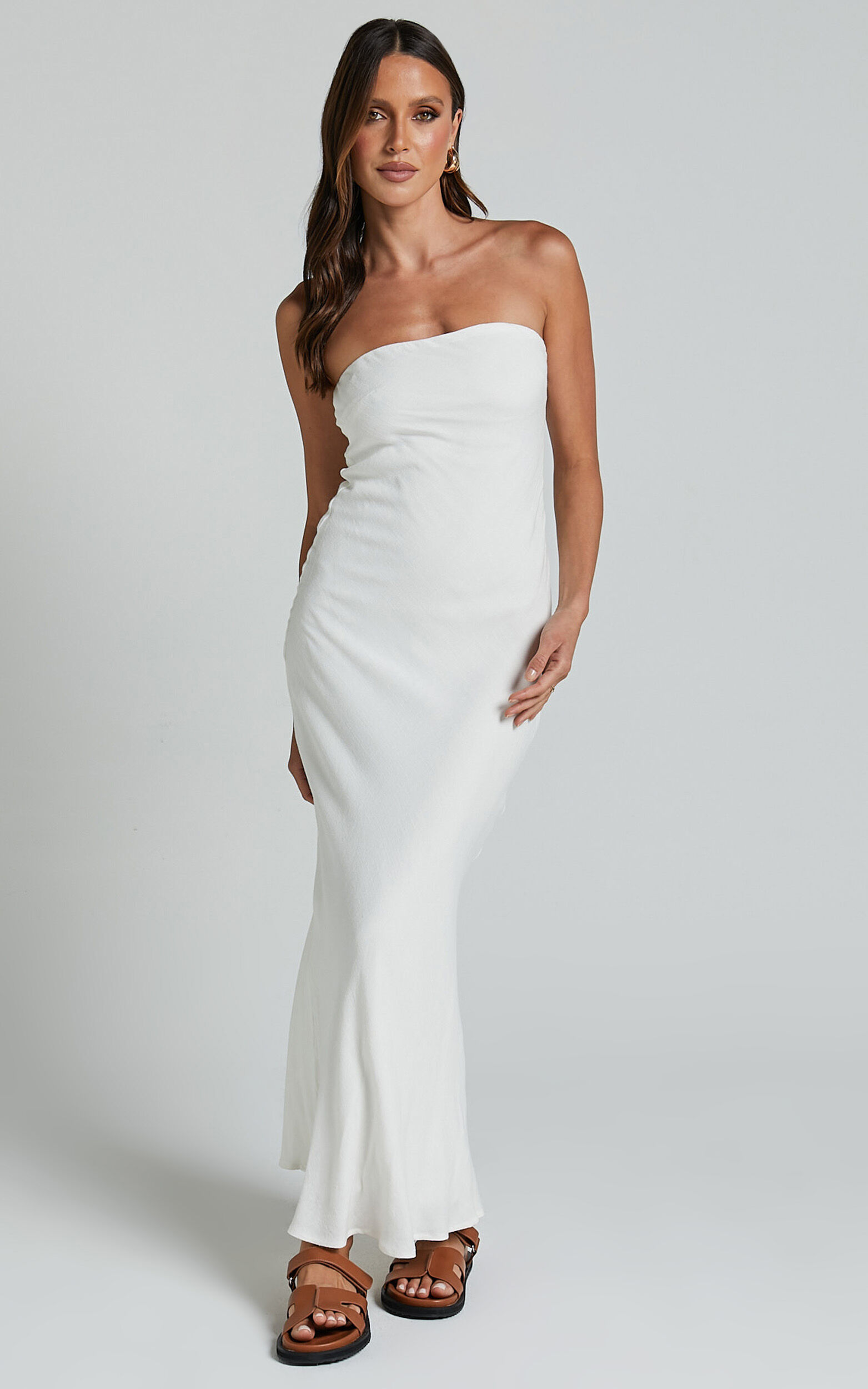 Aaliya Midi Dress - Linen Look Strapless Slip Dress in Off White - 06, WHT1