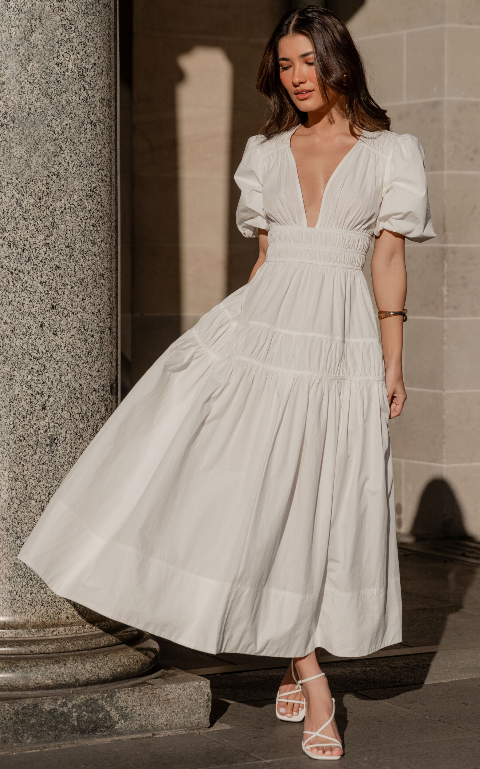 Mellie Midi Dress - Puff Sleeve Plunge Tiered Dress in White | Showpo USA