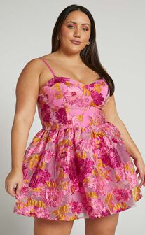 Brailey Mini Dress - Sweetheart Bustier Dress in Pink Jacquard