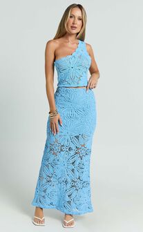 Charlene Top - Crochet One Shoulder Top in Blue