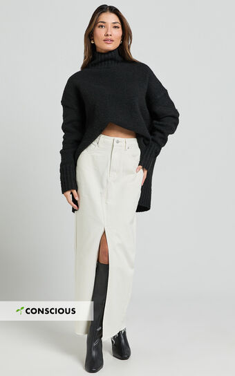 Kira Midi Skirt - Front Split Denim Skirt in Ecru