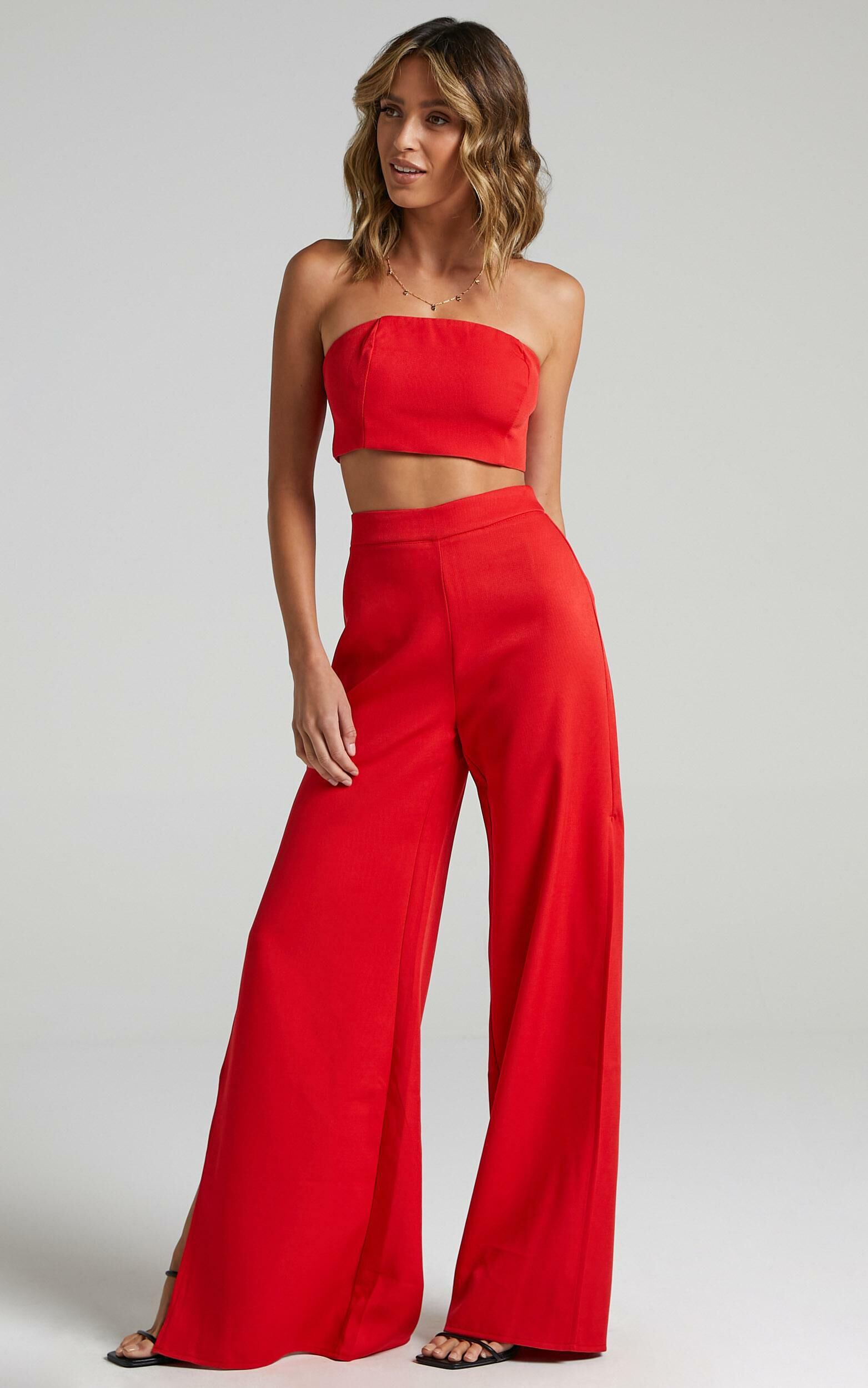 I'm The One Two Piece Set - Strapless Crop Top and Pant Set in Red ...