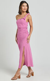 Finley Midi Linen Dress - Linen Feel One Shoulder Ruched Dress in Orchid