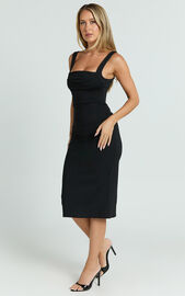 Tiffy Midi Dress - Square Neck Ruched Bodycon Dress in Black | Showpo EU