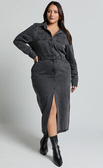 Alison Midi Dress - Long Sleeve Front Split Denim Dress in Washed Black