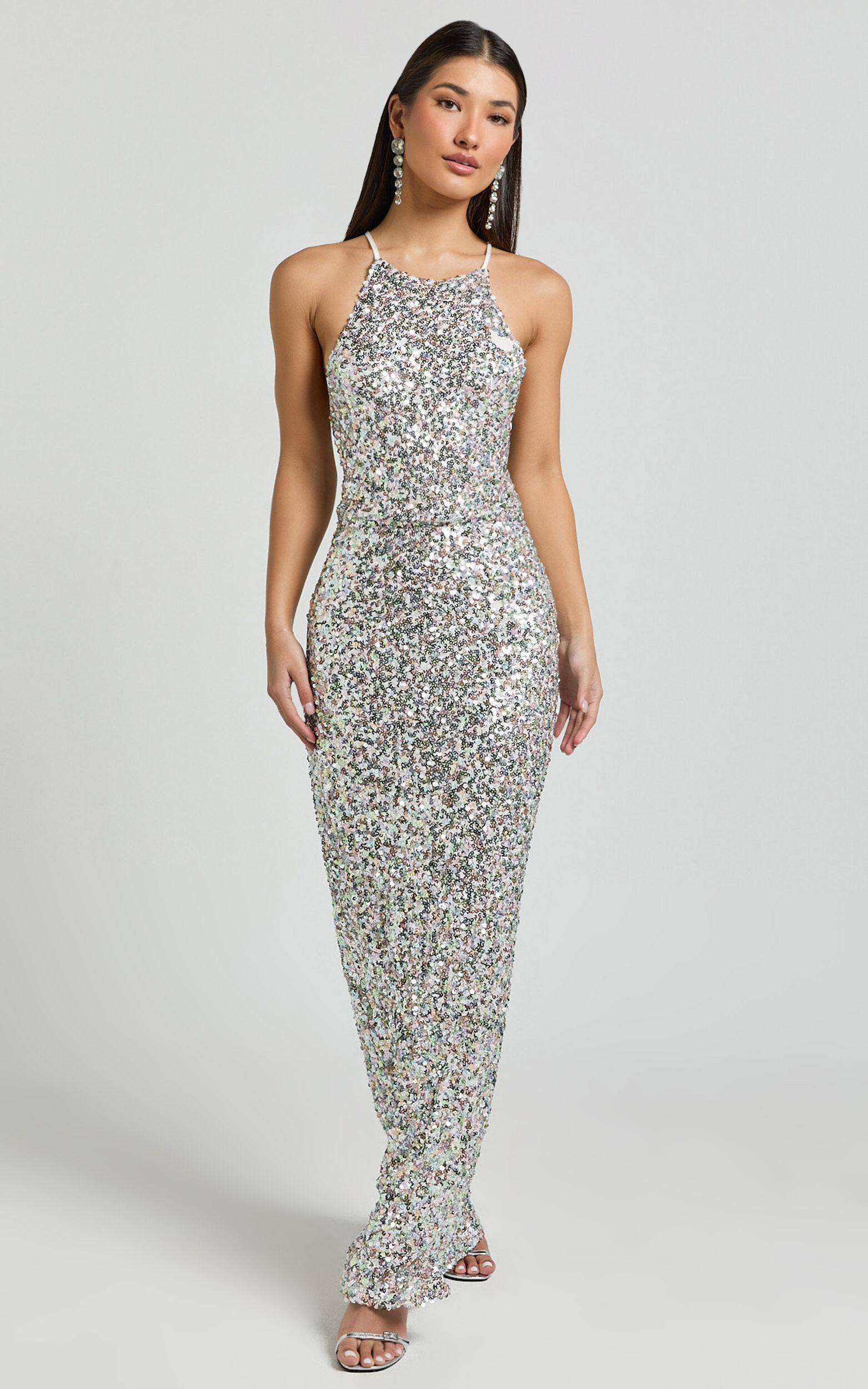 Frieda Maxi Dress - Halter Neck Cross Back Sequin Dress in Rainbow Silver | Showpo