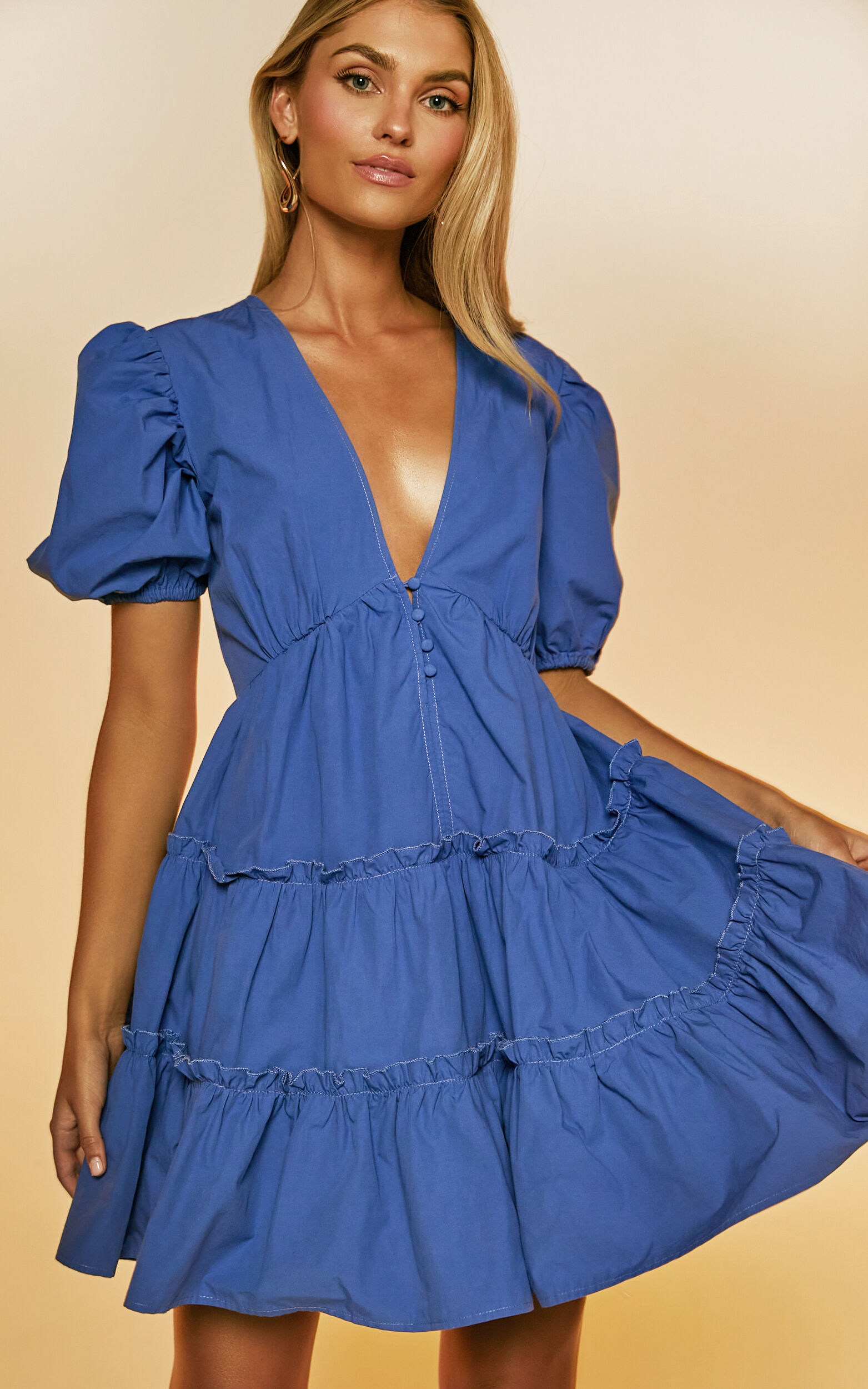 Sarah Mini Dress - Short Puff Sleeve V Neck A Line Dress in Blue - 04, BLU1