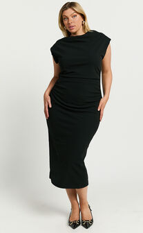 Carmilette Midi Dress - Cowl Neck Ruched Jersey Dress in Black