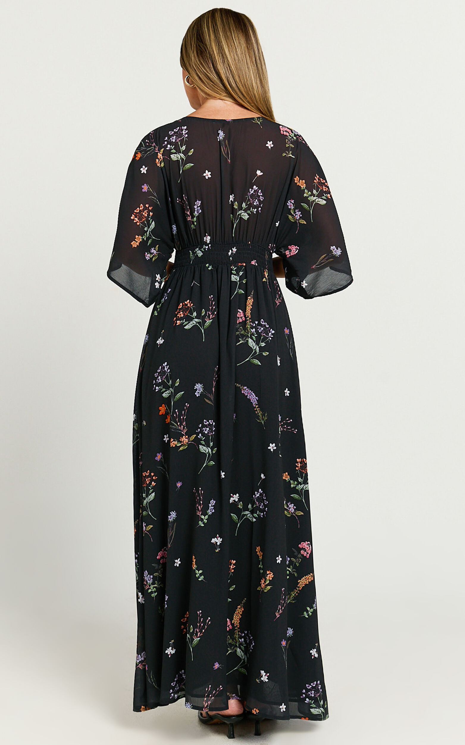 Inka Midi Dress - Short Sleeve Button Down Dress in Black Flower Field ...