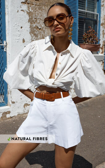 Amalie The Label - Hanae Linen Blend Collared Button Through Puff Sleeve Shirt in White Amalie the Label
