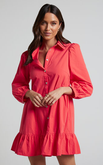 Maulee Mini Dress - Frill Hem Shirt Dress in Oxy Fire