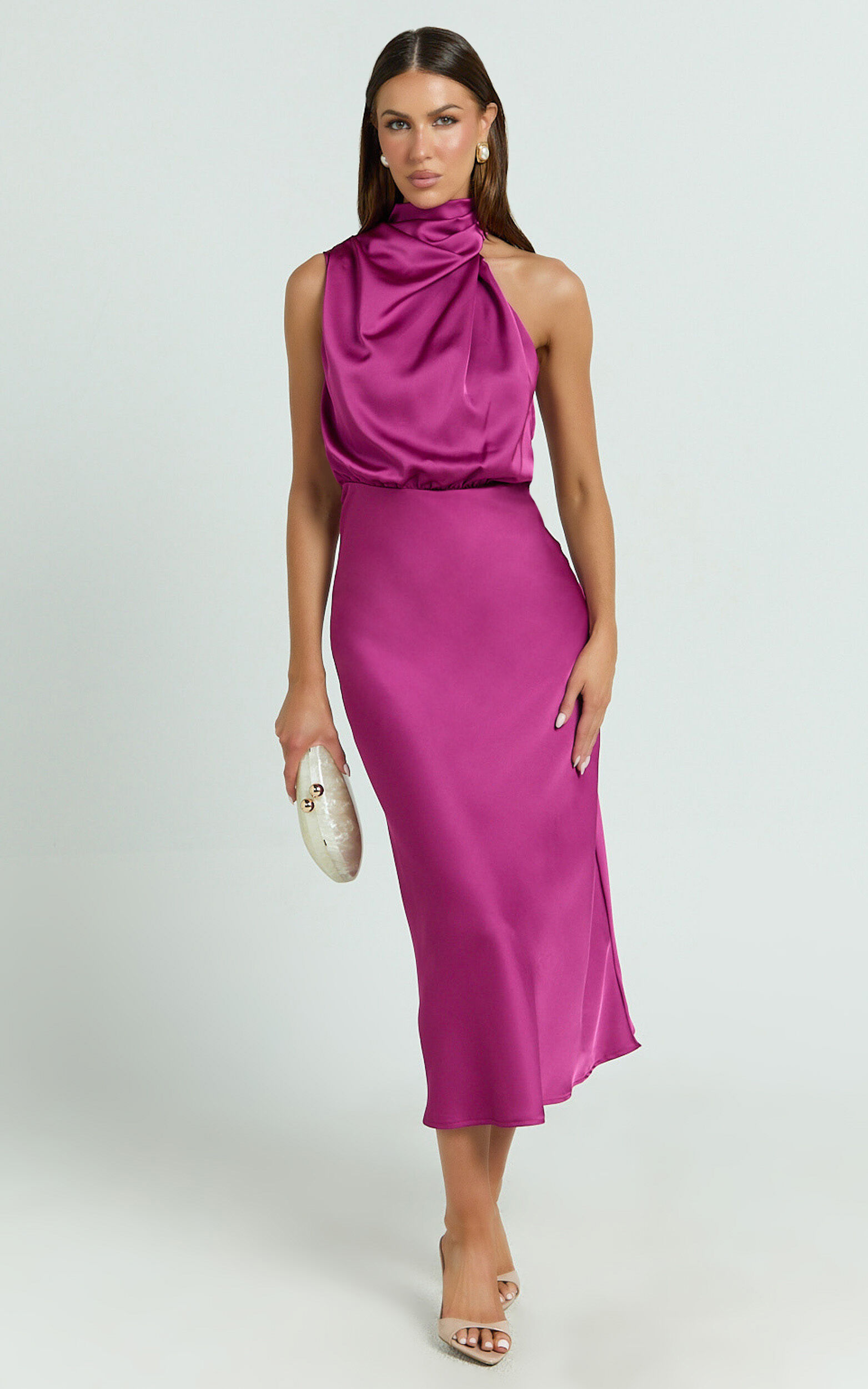 Minnie Midi Dress - Drape Neck Satin Slip Dress in Purple - 06, PRP1
