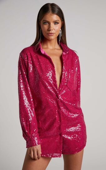 Cally Mini Dress - Oversized Shirt Dress in Cherry Sequin