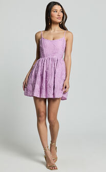 Gail Mini Dress - Scoop Neck Embroidered Corset Dress in Purple