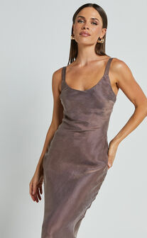 Ramirez Midi Dress - Wide Strap Cupro Bias Cut Dress in Chocolate
