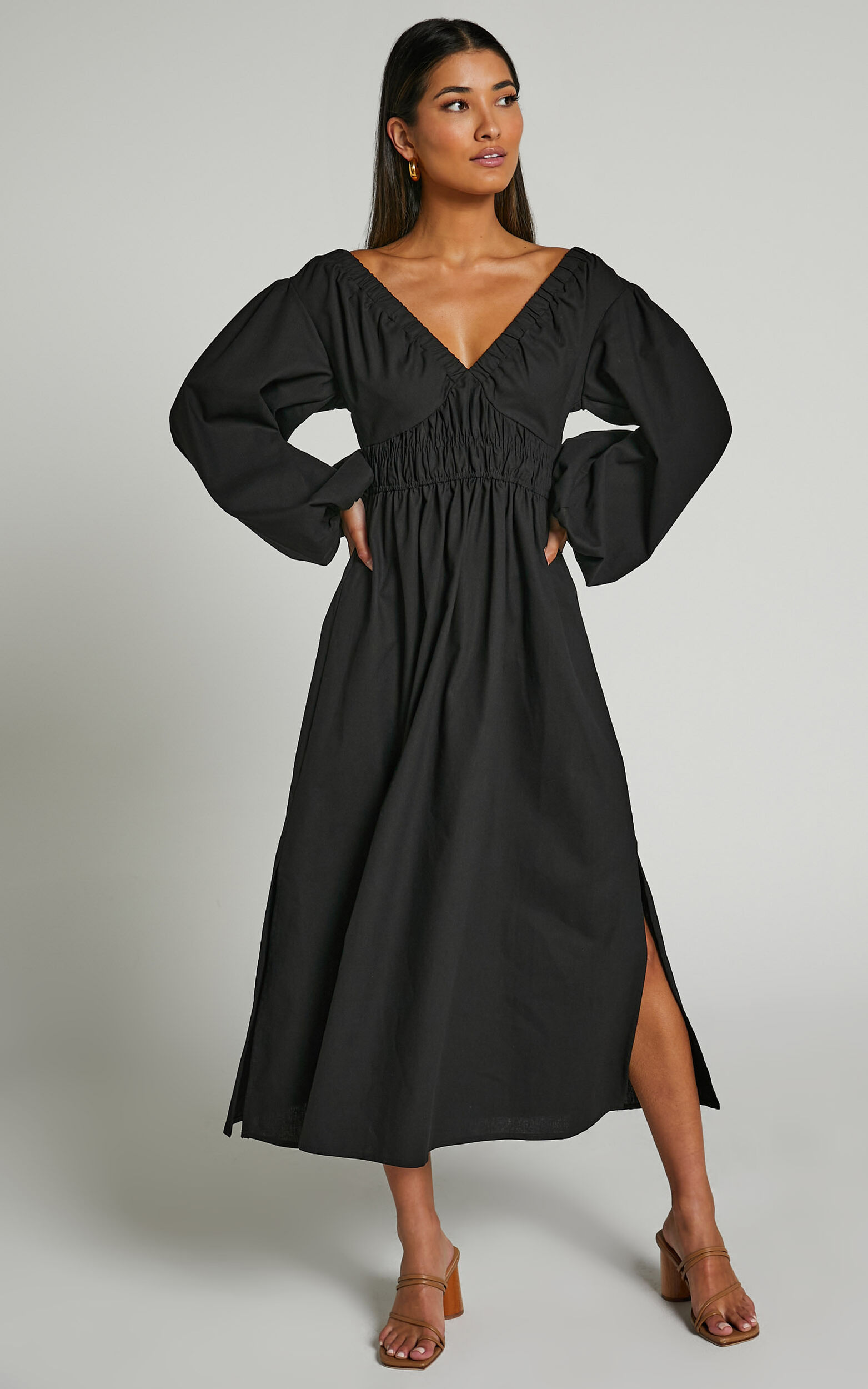 Tori Midi Dress - Linen Look Shirring V Neck Long Balloon Sleeve Dress ...