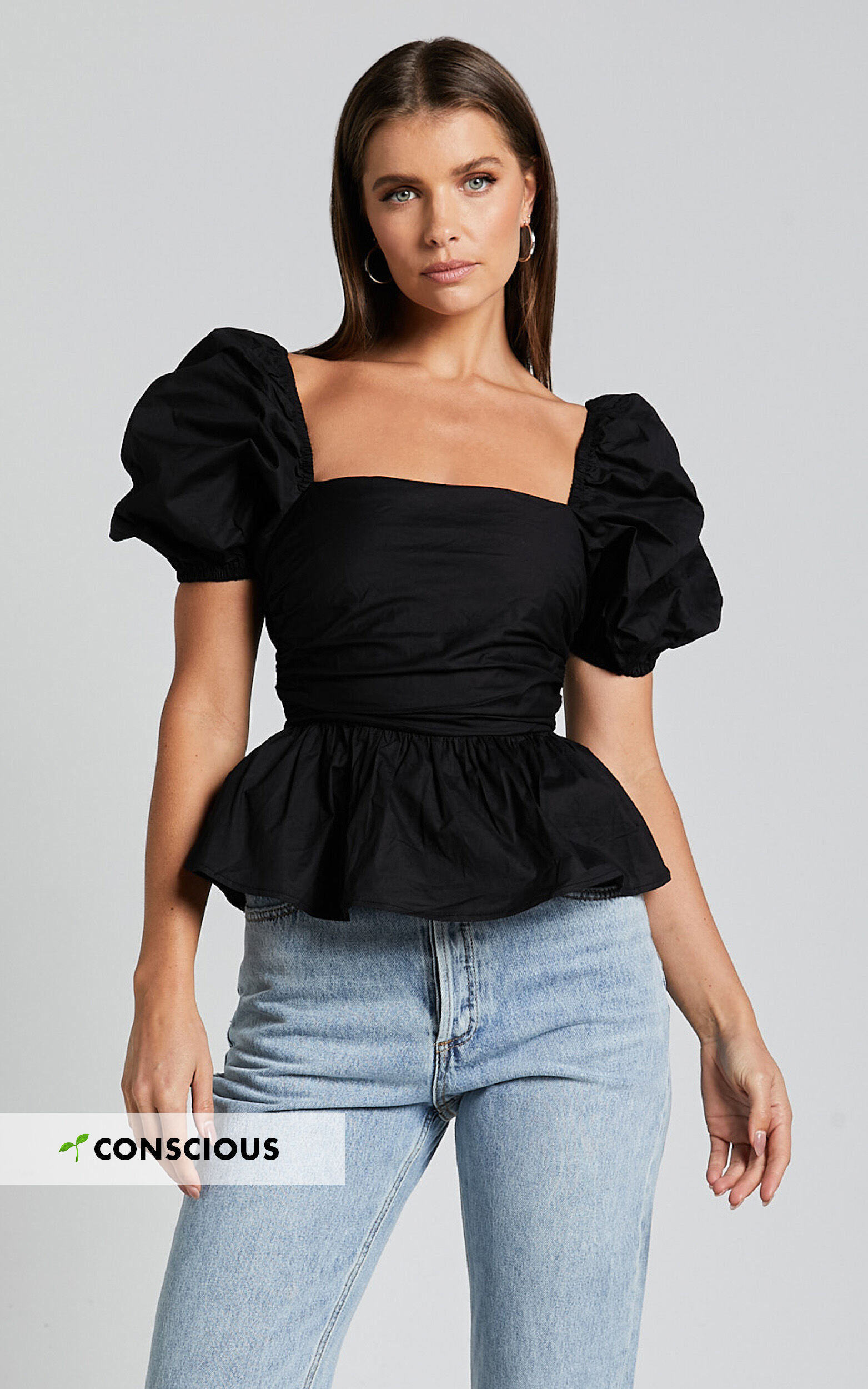 Linda Top - Short Puff Sleeve Peplum in Black - 04, BLK1