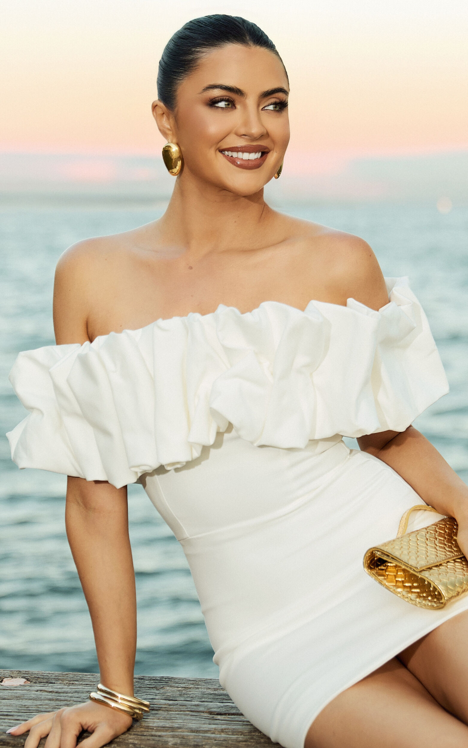 Coraline Mini Dress - Ruffle Off Shoulder Fitted Dress in White - 06, WHT1