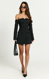 Anabelle Mini Dress - Tailored Off Shoulder Dress in Black | Showpo