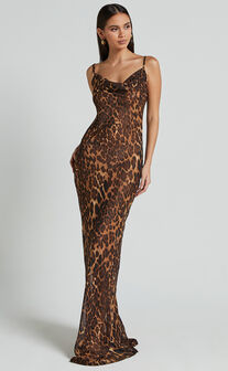 Hilary Maxi Dress - Sheer Cowl Neck Slip Dress in Leopard