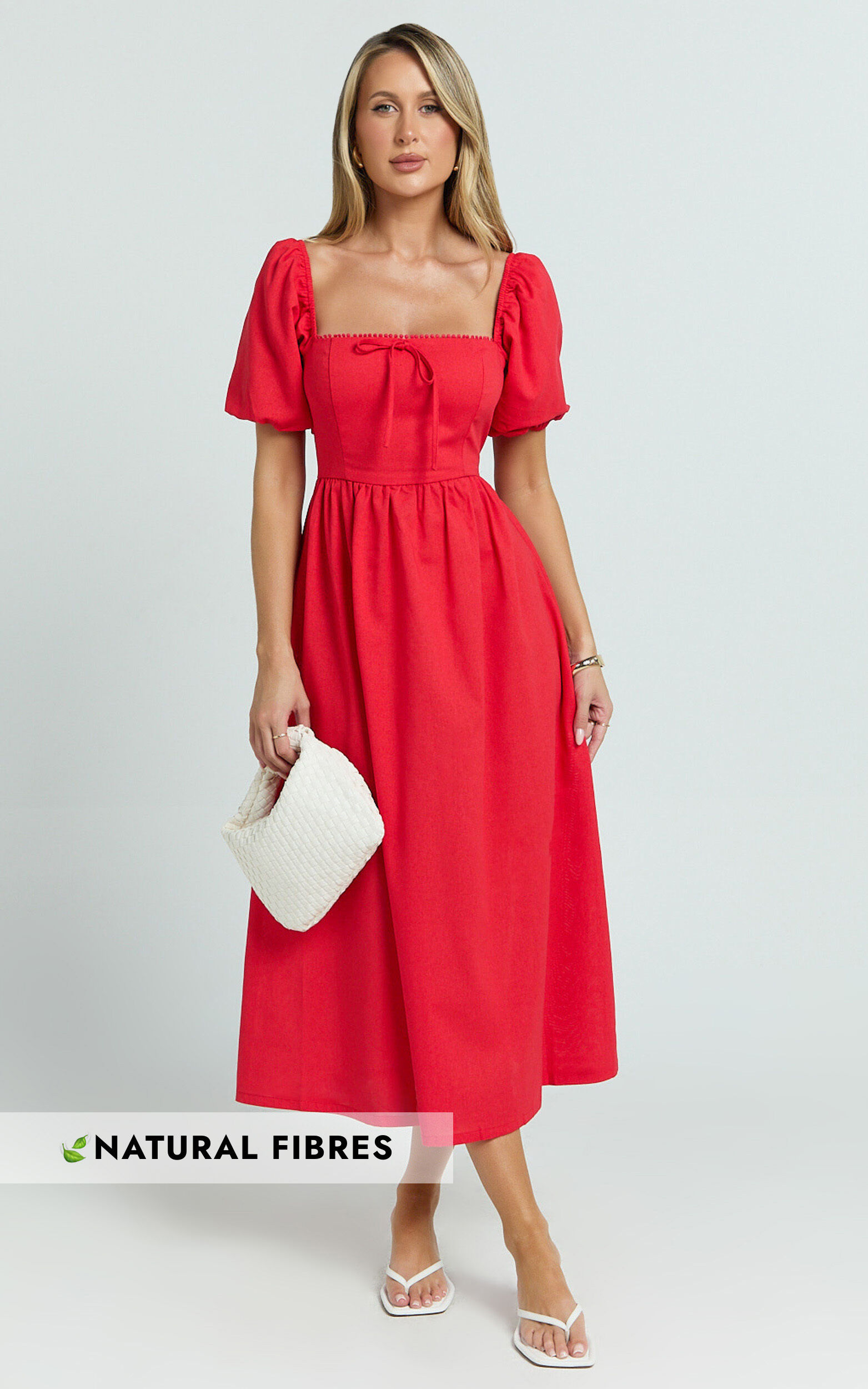 Quinn Midi Linen Blend Dress - Puff Sleeve Square Neck Dress in Red - 06, RED1