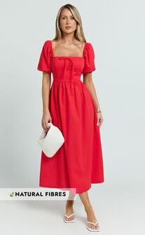 Quinn Midi Linen Blend Dress - Puff Sleeve Square Neck Dress in Red