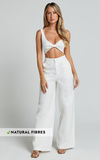 Kingston Two Piece Set - Twist Front Twill and Wide Leg Pants Set in White