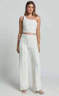 Almarie Pants - Mid Waisted Wide leg Textured Pants in Off White