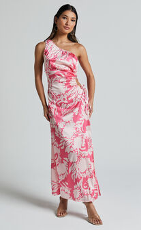 Elycia Midi Dress - One Shoulder Side Cut Out Dress in Pink Floral