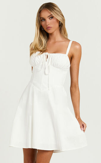 Maiya Mini Dress - Tie Front Fitted Bodice Dress in White