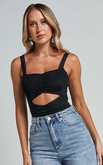 Cecely Bodysuit - Strappy Front Cut Out Ruched in Black
