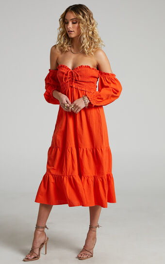 Nikka Midi Dress - Shirred Off Shoulder Puff Sleeve Dress in Oxy Fire