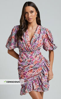 Mayslie Mini Dress - Puff Sleeve Drape Dress in Monet Floral