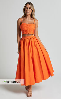 Astrid Two Piece Set - Ruched Chest Top and Midi Skirt Set in Orange