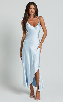 Ylona Maxi Dress - Asymmetric Draped Bias Cut Satin Slip Dress in Ice Blue