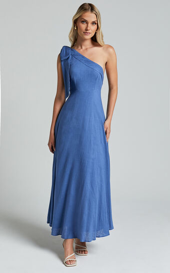 Marifee Midi Dress - Tie One Shoulder Linen Look Dress in Blue