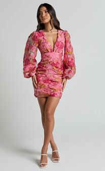 Farrah Mini Dress - Plunge Neck Long Sleeve Bodycon Dress in Pink