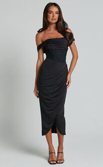 Aidia Midi Dress - One Shoulder Draped Corset Dress in Black