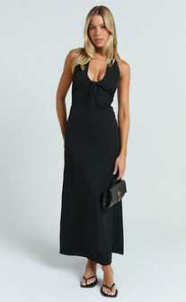 Lorvie Maxi Dress - Halter Plunge A Line Dress in Black