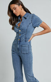 Silvena Jumpsuit - Short Sleeve Flared Denim Jumpsuit in Blue | Showpo USA
