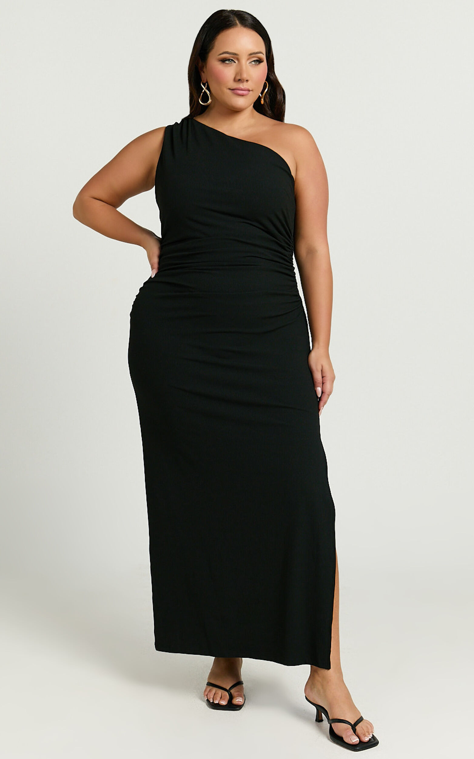 Rae Midi Dress - Ribbed One Shoulder Ruched Dress in Black | Showpo